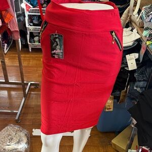 Red Pencil Skirt with Zipper Details